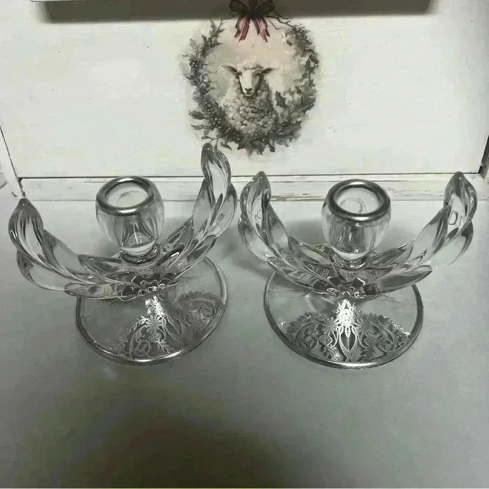 Vintage elegant art deco silver overlay glass candle holders